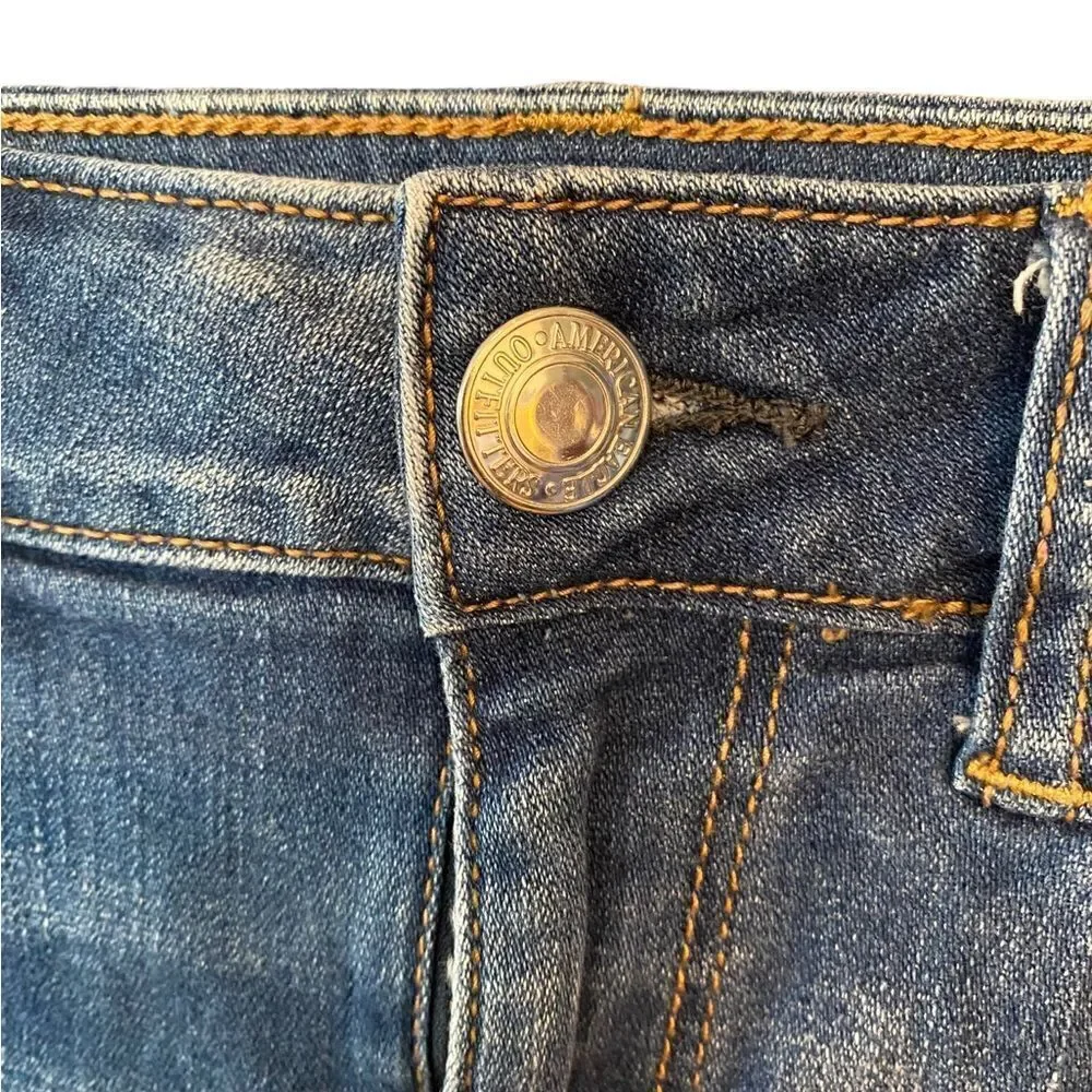 American Eagle Sz 0 Blue Denim Distressed Hi-Rise Shortie Super Stretch Shorts